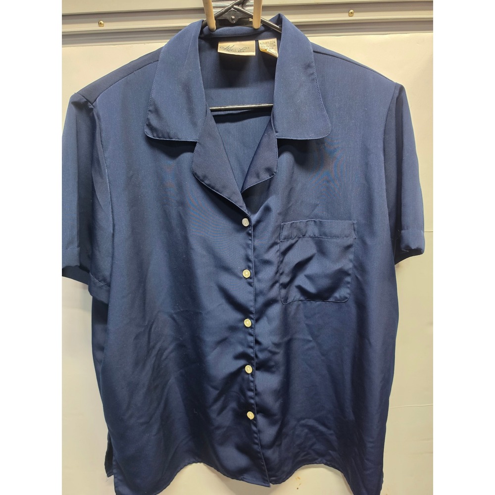 Kathie Lee Navy Blue Short Sleeve Button Down Blouse Plus Size 22W Pocket Slits